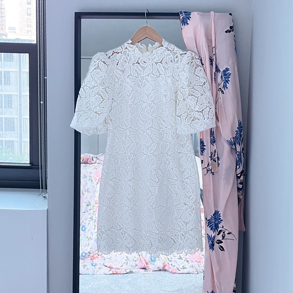 Ever New Puff Sleeve High Neck Lace Mini Shift Dress in Ivory in 6